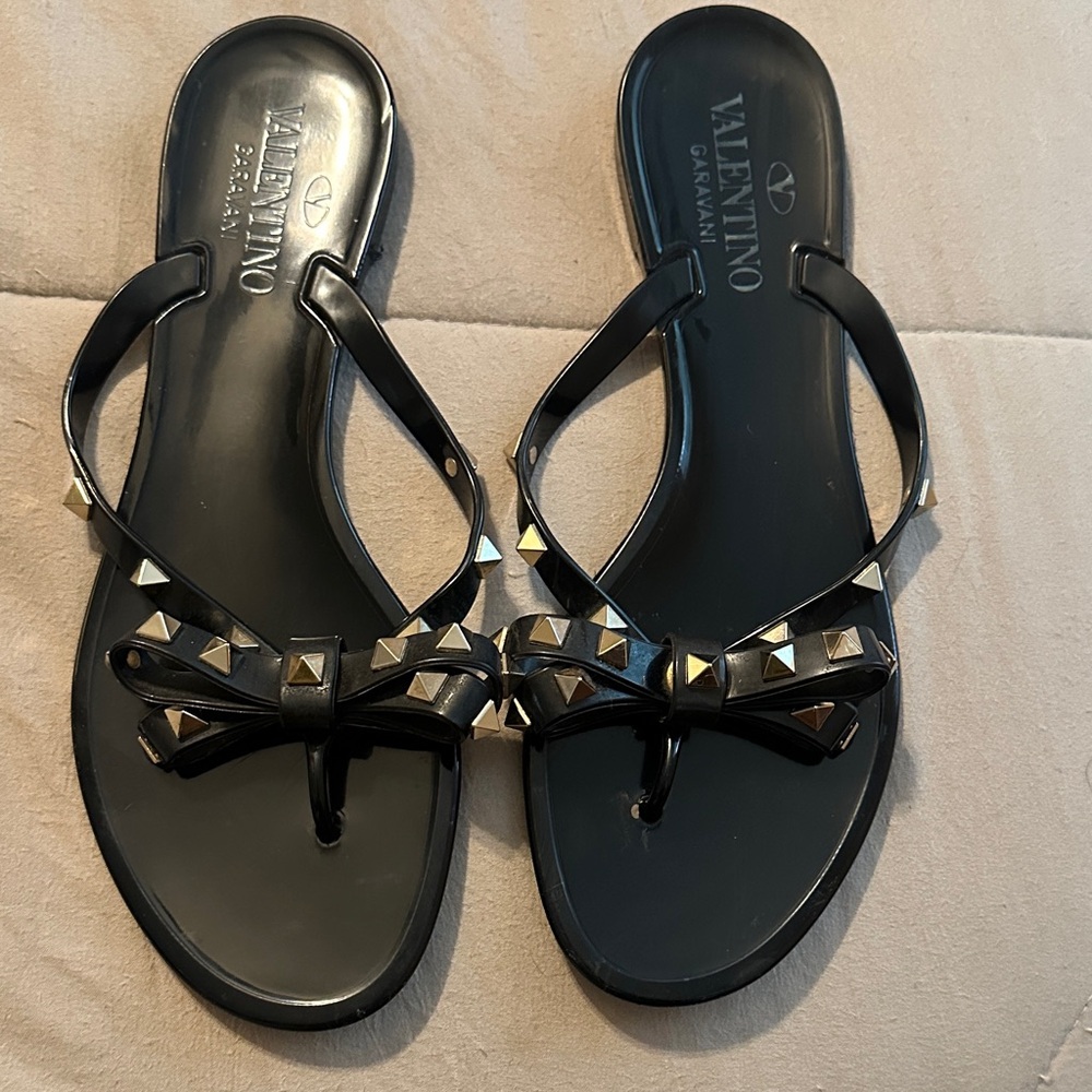 Valentino Garavani Black and Gold Studded Sandals - Picture 2 of 4